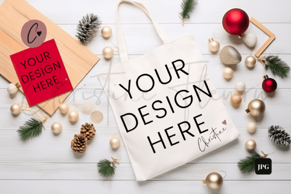 Christmas Card and Tote Mockup Flatlay for Graphics