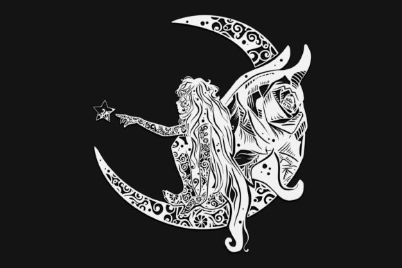 Fairy on Moon Mandala Drawing 44: Premium Graphics for Illustrations