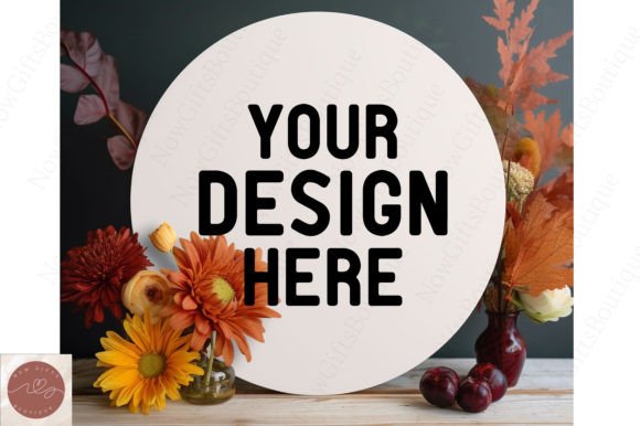 Fall Autumn White Round Sign Mockup 2 for Graphics & Holiday Amp